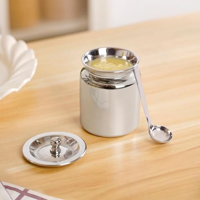 Nestasia Stainless Steel Ghee Pot with Spoon (200 ml) - 100% Food Safe Ghee & Oil Container with Lid | Stain & Rust Resistant Ghee Jar for Kitchen Storage