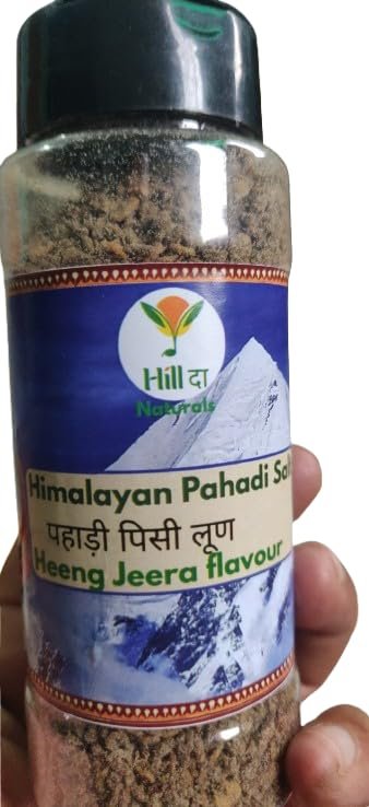 Himalayan Pahadi Heeng and Jeera Flavoured Salt, (सिलबट्टा पहाड़ी पिस्यूं लूण) Traditional Indian Seasoning. 130 Grams, Sprinkler bottel,Traditional Mountain Spice Blend with Rock Salt, Aromatic Taste, Perfect for Daily Meals, Fruits & Salads, Snacks, Curd, Paranthas & Raitas, Travel & Trekking etc.