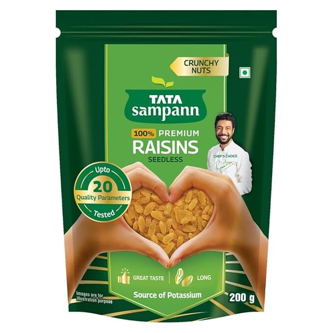 Tata Sampann Pure Raisins Seedless/Kishmish, 200g, Source Of Potassium, Premium Dry Fruits, Green Raisins