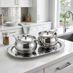 AQUANERO+ Stainless Steel Ghee Pot Set of 2 with Tray and Spoon, for Storing and Serving Ghee, Oil, Chutney, Pickles, and Spices Food Grade Quality