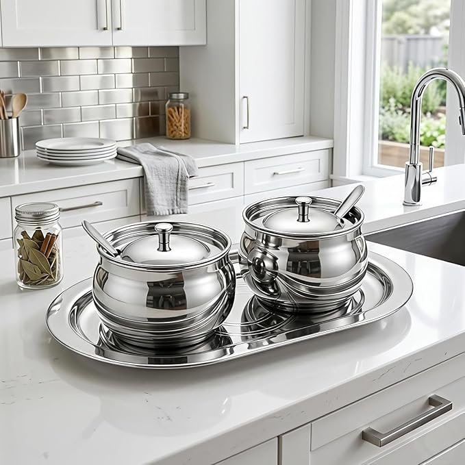 AQUANERO+ Stainless Steel Ghee Pot Set of 2 with Tray and Spoon, for Storing and Serving Ghee, Oil, Chutney, Pickles, and Spices Food Grade Quality