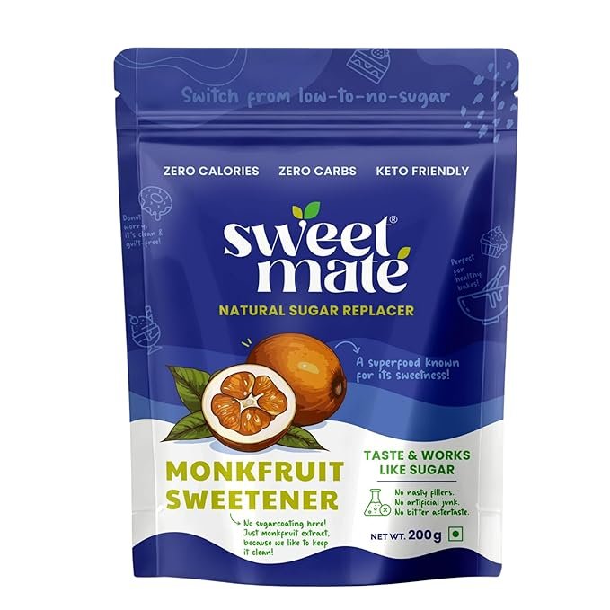 Sweetmate Monk Fruit Natural Sweetener - 200g | 1:1 Sugar Substitute | Zero Calorie, Keto & Diabetic Friendly | Plant-Based Sugar Alternative for Cooking, Baking & Beverages