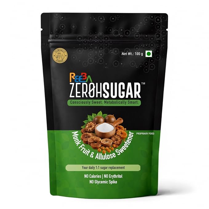 Zeroh Sugar Monk Fruit & Allulose Sweetener | 1:1 Sugar Replacement | No Erythritol | No Stevia | Clinically Evaluated for Glycemic Response | Zero Calorie Sweetener | Natural Sugar Substitute for Tea, Coffee, Baking, Desserts & Mithai | 100 g