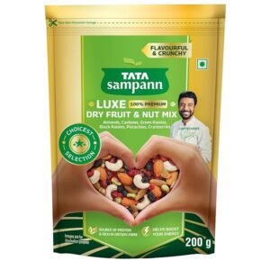Tata Sampann Luxe Dry Fruit & Nut Mix, 200g, Source of Protein, Magnesium & Phosphorus, Rich in Dietary Fiber, Flavourful & Crunchy Snack, Almonds, Cashews, Green Raisins, Black Raisins, Pistachios, & Cranberries