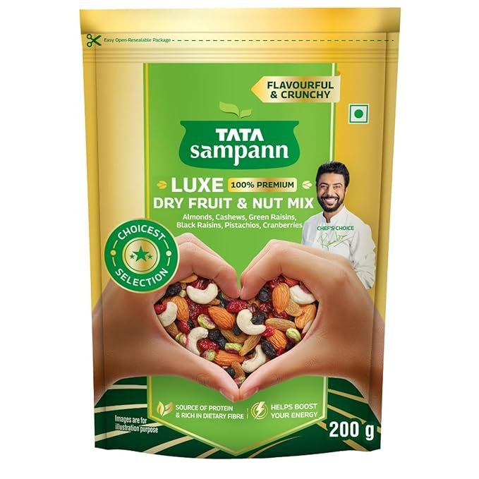 Tata Sampann Luxe Dry Fruit & Nut Mix, 200g, Source of Protein, Magnesium & Phosphorus, Rich in Dietary Fiber, Flavourful & Crunchy Snack, Almonds, Cashews, Green Raisins, Black Raisins, Pistachios, & Cranberries