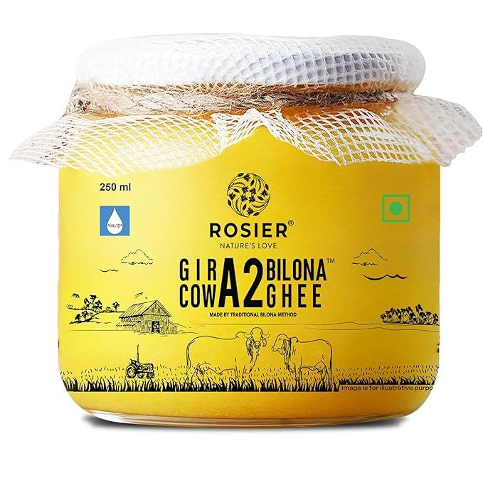 ROSIER A2 Gir Cow Ghee (250 ml) | Traditional Bilona Method A2 Cow Ghee | Grassfed, Pure and Healthy Desi Cow Ghee (Glass Bottle - 250 ML)