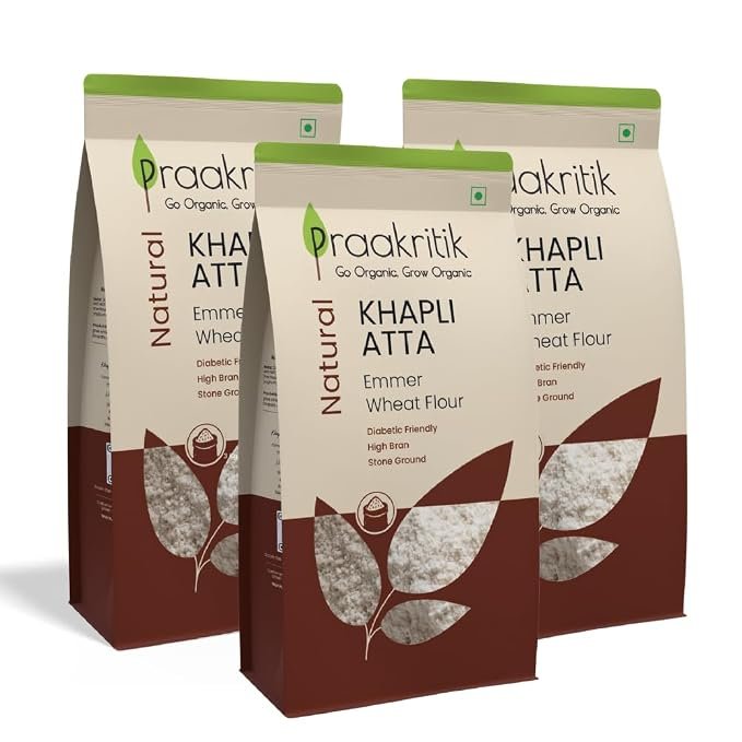 Praakritik Natural Khapli Wheat Atta 3 Kg (Pack of 1-1Kg of Each) | Emmer Wheat Flour | High Fiber, Low Gluten & Diabetes-Friendly | Ancient Grain | Easy Digestion