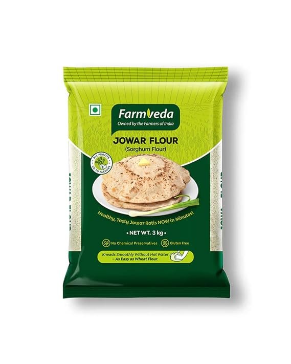 Farm Veda Jowar Flour (Sorghum Flour) - 3 Kg | Millet Flour | Gluten-Free | High Protein | 100% Natural | Kneads Smoothly Without Hot Water | Ready in Minutes