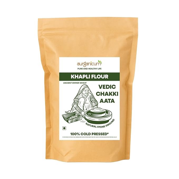 Aurganicum Khapli Flour | Stone Ground | Cold Pressed Fresh | 100% Pure & Natural | High Fibre | Emmer Wheat | Khapli Bhagar Rala Gehun Atta (2Kg)