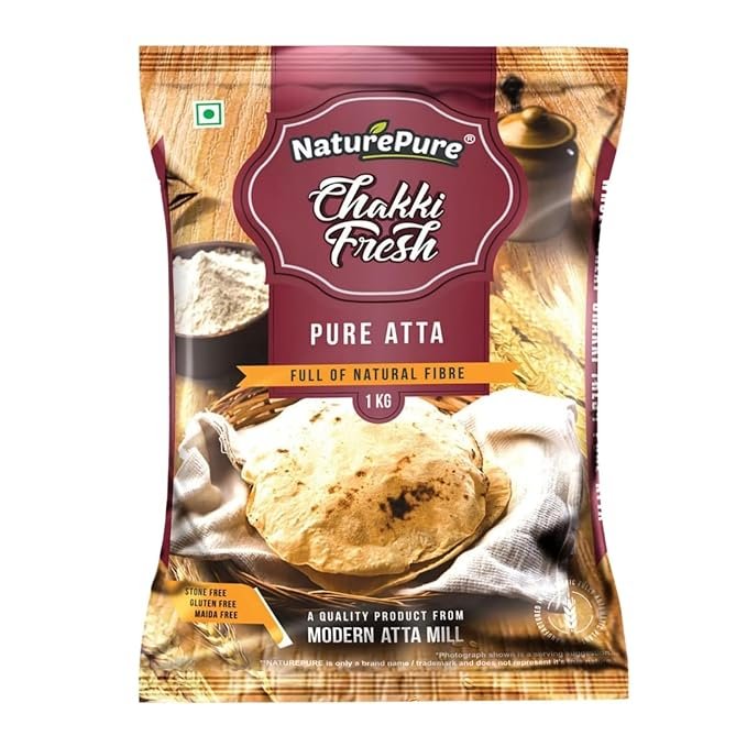NaturePure Chakkifresh Pure Atta 1kg | 100% Whole Wheat Flour | Rich in Natural Fibre | Stone-Free & Maida-Free | Traditional Stone Ground Gehu ka Atta for Soft Roti, Chapati & Paratha | Pure & Fresh