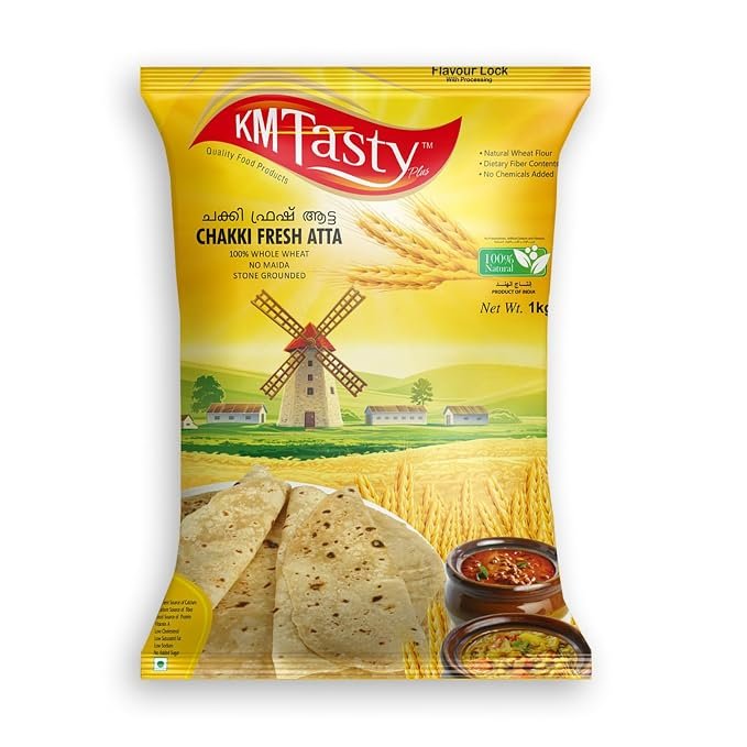 KM TASTY PLUS Chakki Fresh Atta | 100% Whole Wheat Flour | Stone Grounded | No Maida, No Chemicals | Soft & Fluffy Rotis | High Fiber Natural Wheat Flour 1kg