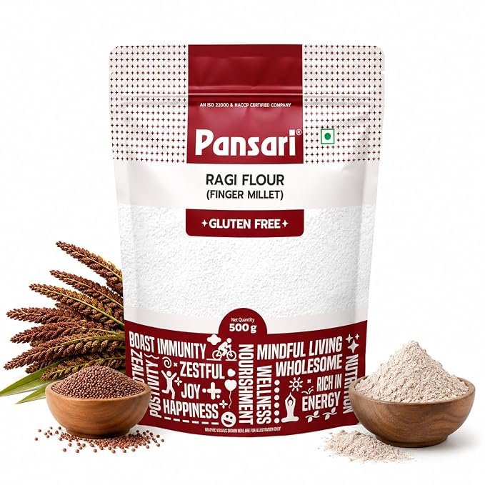Pansari 100% Natural Ragi Atta 500gm – Gluten-Free Ragi Flour| High in Protein, Low Calories, Good for Digestion, Heart Health & Diabetes
